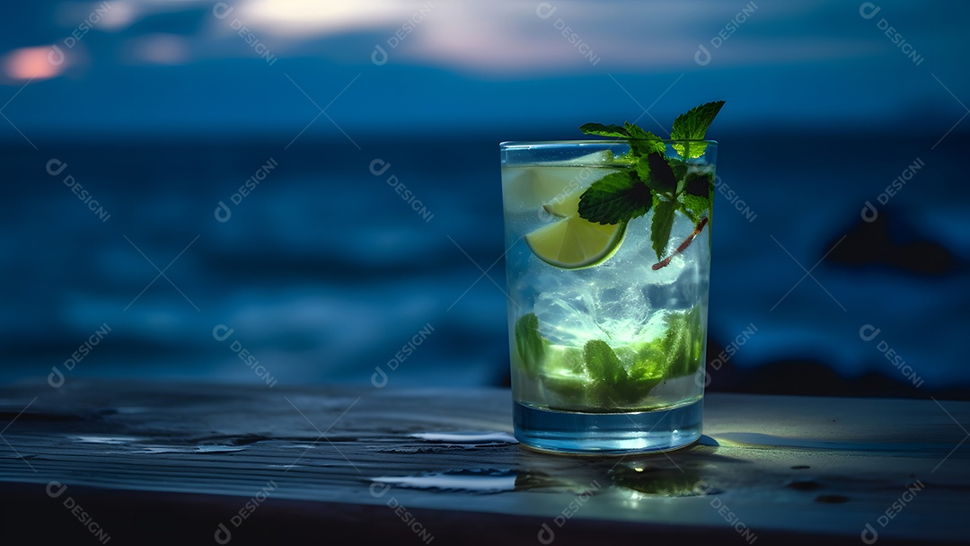 Copo de refrescante mojito de menta com fundo marinho em noite de verão