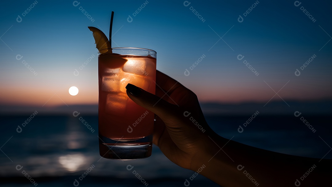 Mão afro-americana segurando um copo de coquetel em um fundo desfocado do horizonte do mar.