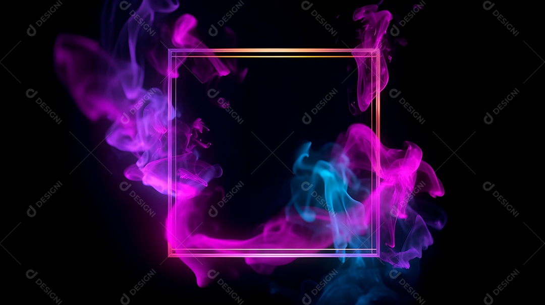 Moldura vazia em fundo preto com luzes neon e fumaça roxa