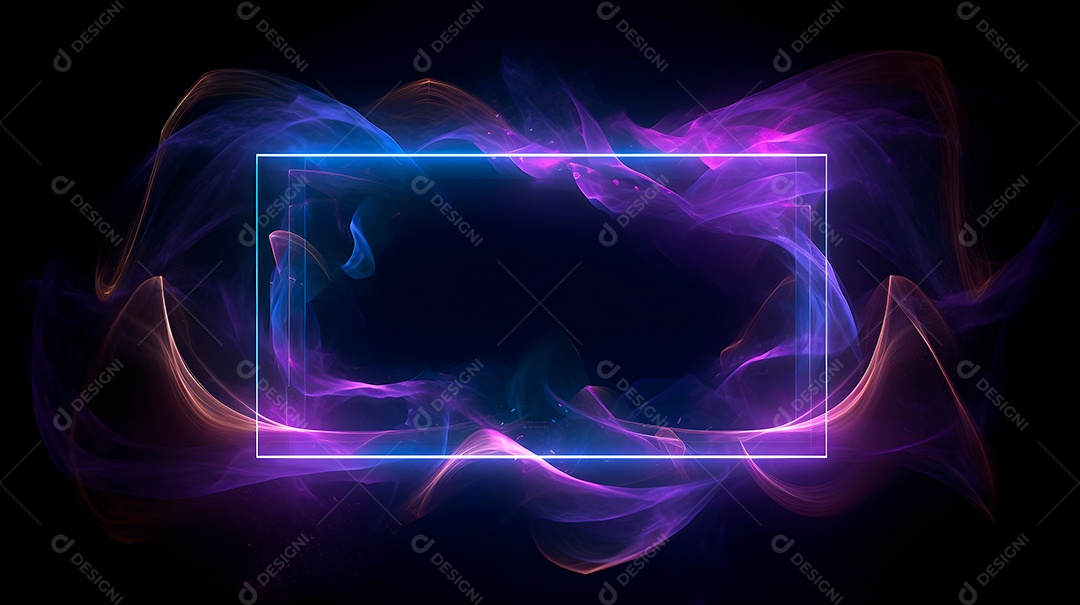 Moldura vazia em fundo preto com luzes neon e fumaça roxa