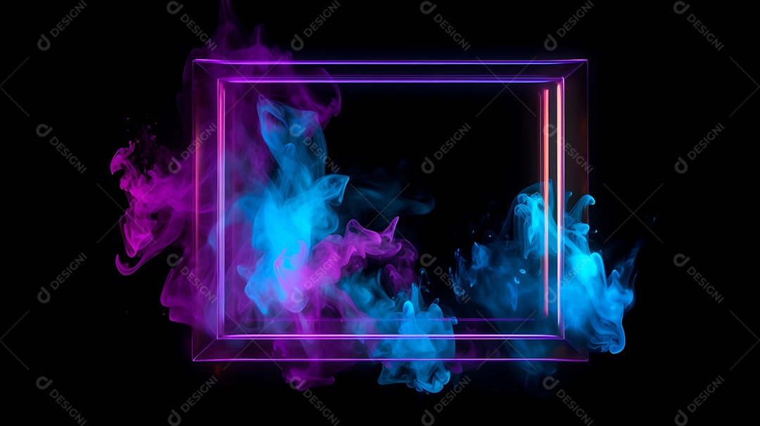 Moldura vazia em fundo preto com luzes neon e fumaça roxa