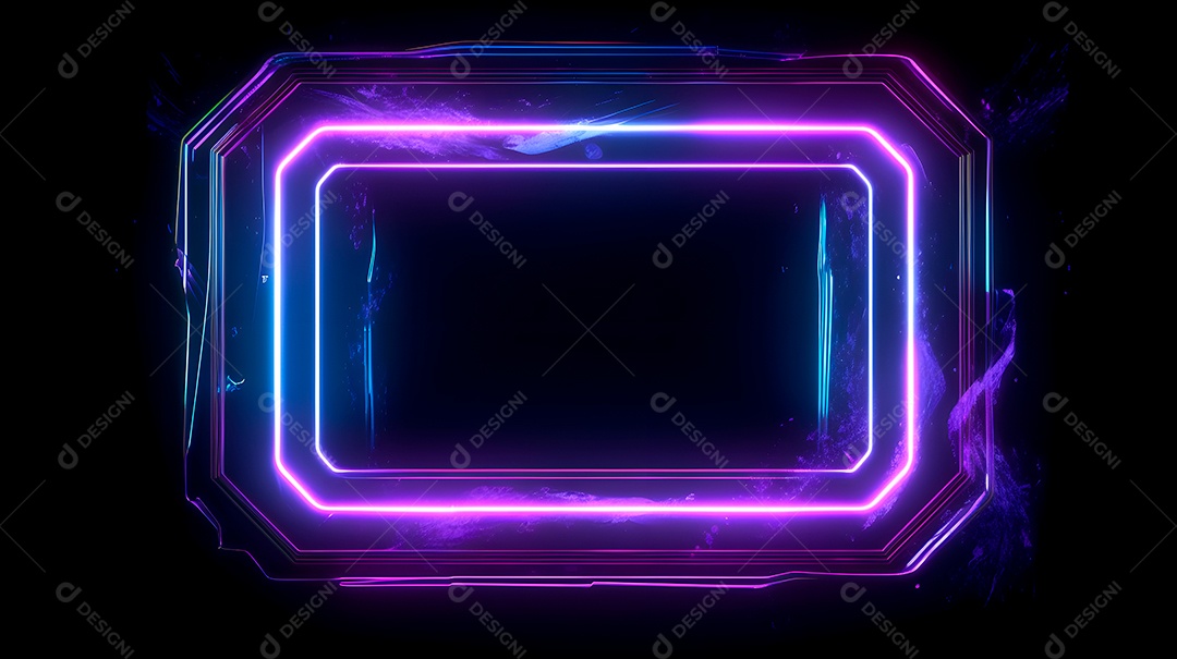 Moldura vazia em fundo preto com luzes neon e fumaça roxa