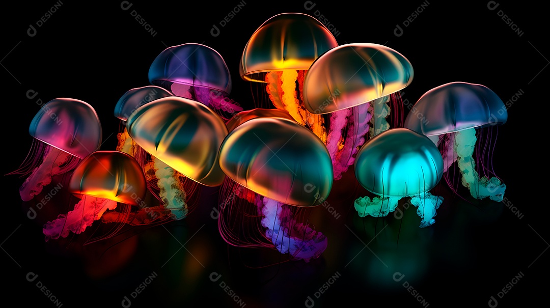 Águas-vivas brilhantes sobre fundo escuro, arte gerada por rede neural.