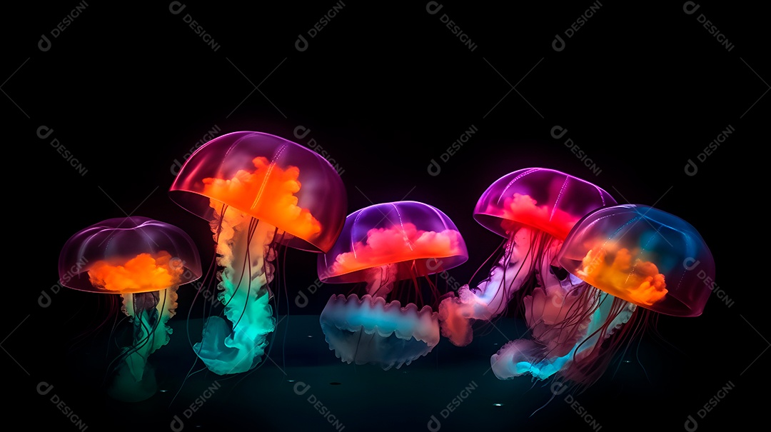 Águas-vivas brilhantes sobre fundo escuro, arte gerada por rede neural.