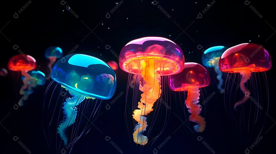 Águas-vivas brilhantes sobre fundo escuro, arte gerada por rede neural.