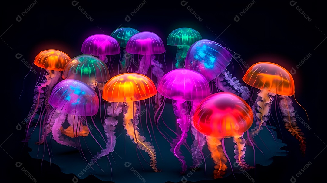 Águas-vivas brilhantes sobre fundo escuro, arte gerada por rede neural.