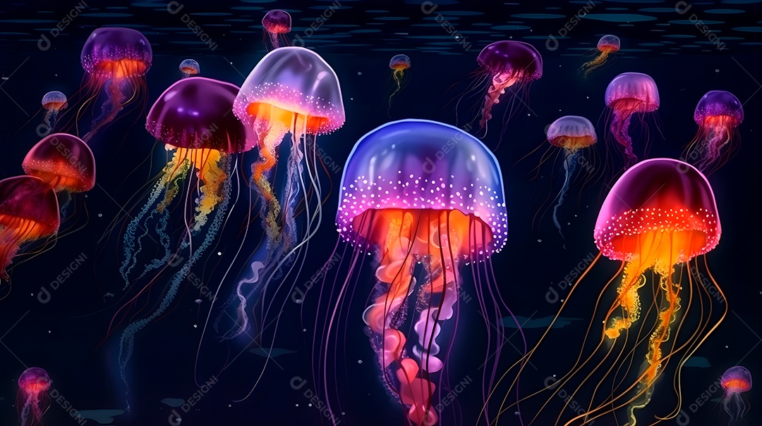 Águas-vivas brilhantes sobre fundo escuro, arte gerada por rede neural.