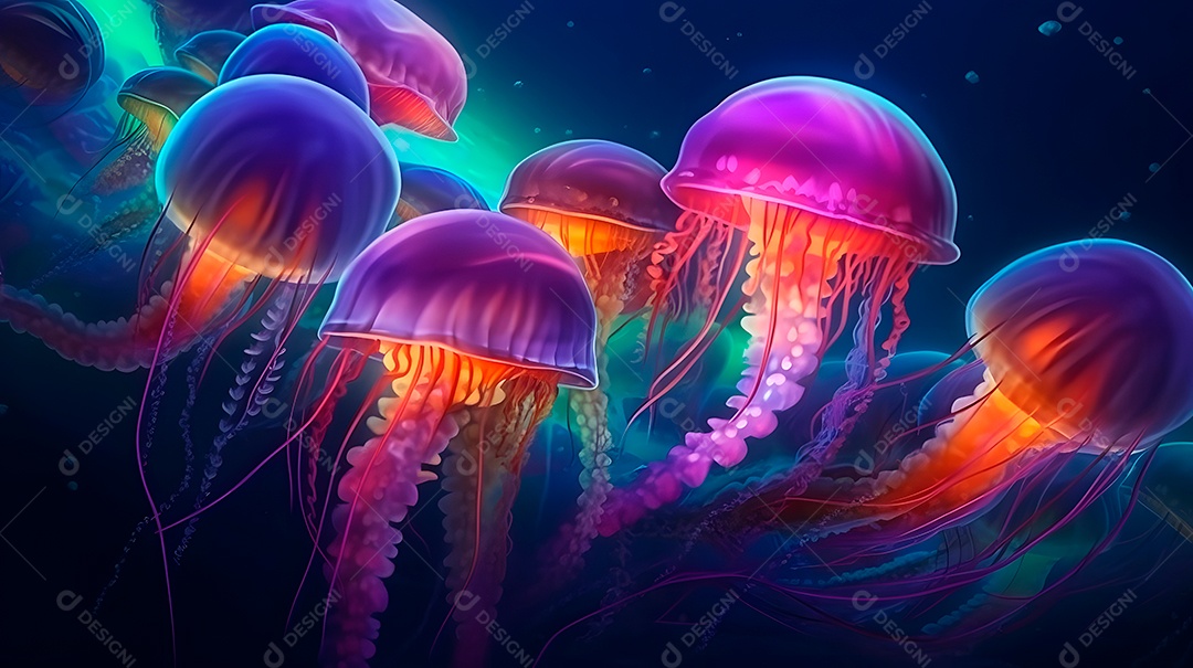 Águas-vivas brilhantes sobre fundo escuro, arte gerada por rede neural.