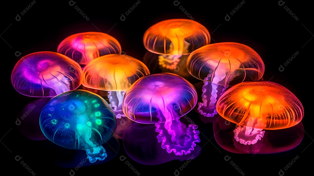 Águas-vivas brilhantes sobre fundo escuro, arte gerada por rede neural.