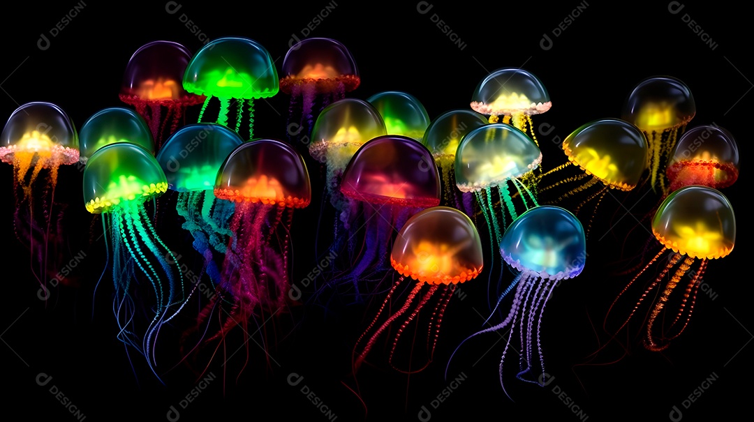 Águas-vivas brilhantes sobre fundo escuro, arte gerada por rede neural.