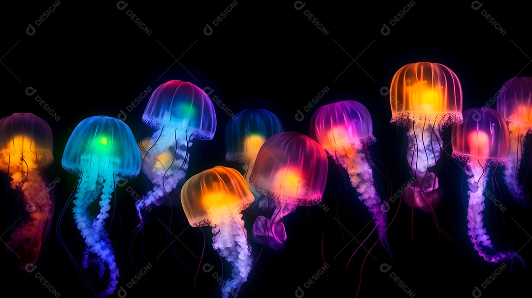 Águas-vivas brilhantes sobre fundo escuro, arte gerada por rede neural.