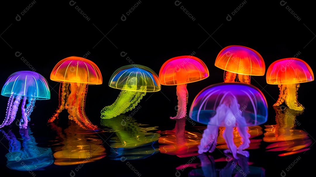 Águas-vivas brilhantes sobre fundo escuro, arte gerada por rede neural.