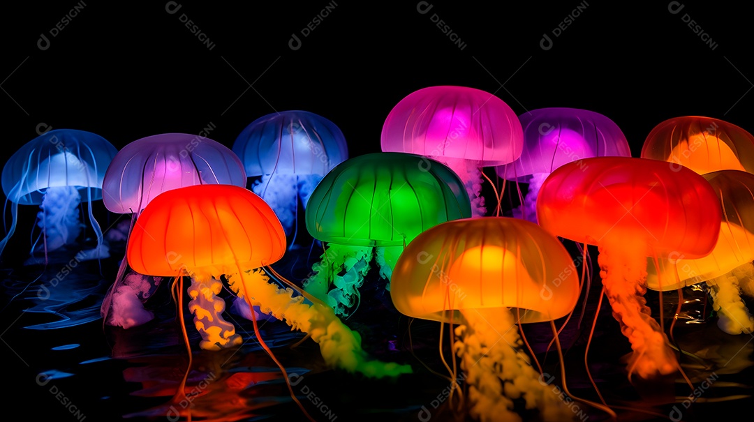 Águas-vivas brilhantes sobre fundo escuro, arte gerada por rede neural.