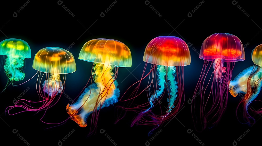 Águas-vivas brilhantes sobre fundo escuro, arte gerada por rede neural.