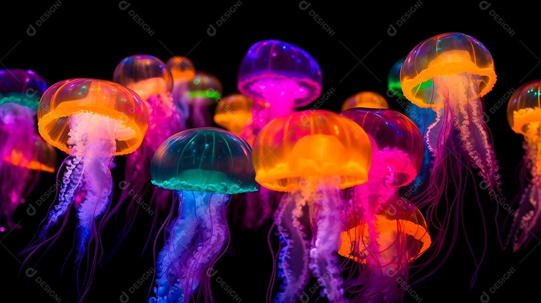 Águas-vivas brilhantes sobre fundo escuro, arte gerada por rede neural.