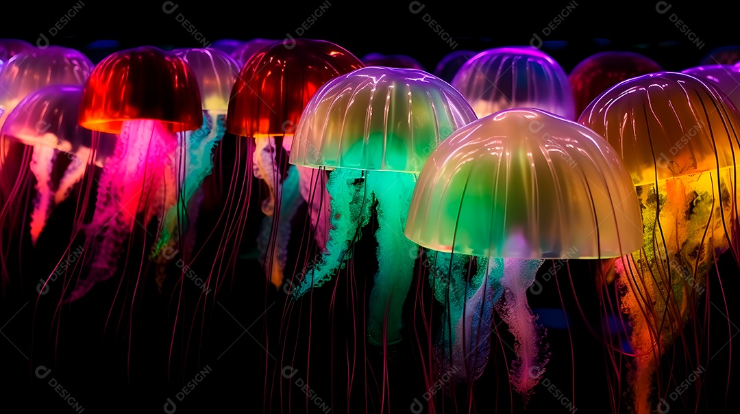 Águas-vivas brilhantes sobre fundo escuro, arte gerada por rede neural.