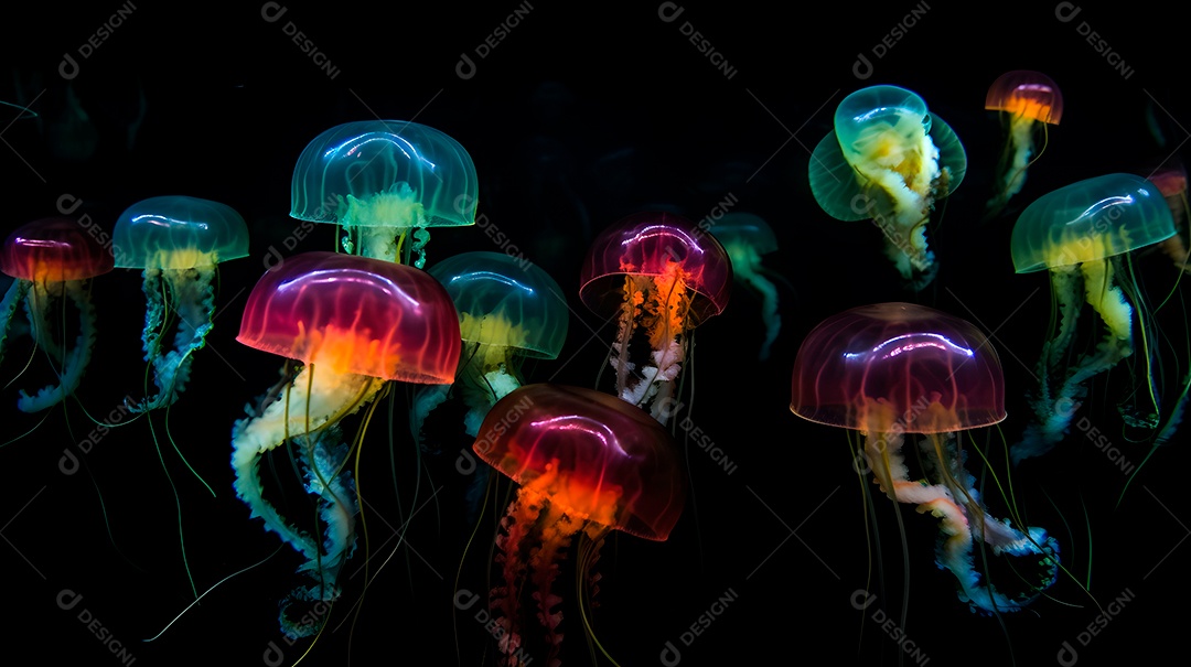 Águas-vivas brilhantes sobre fundo escuro, arte gerada por rede neural.