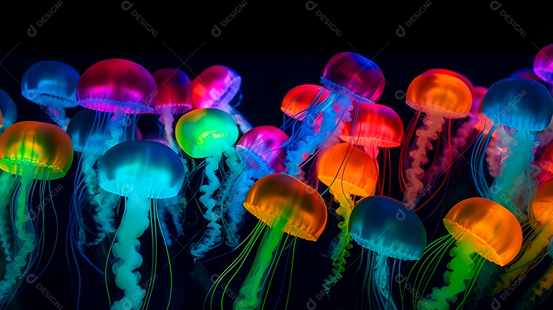 Águas-vivas brilhantes sobre fundo escuro, arte gerada por rede neural.