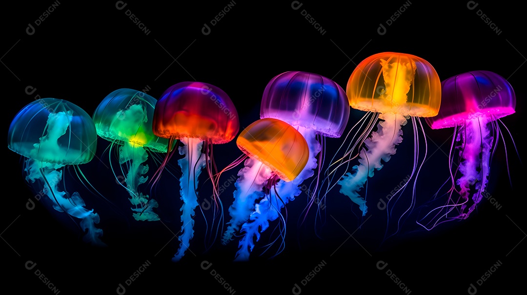 Águas-vivas brilhantes sobre fundo escuro, arte gerada por rede neural.