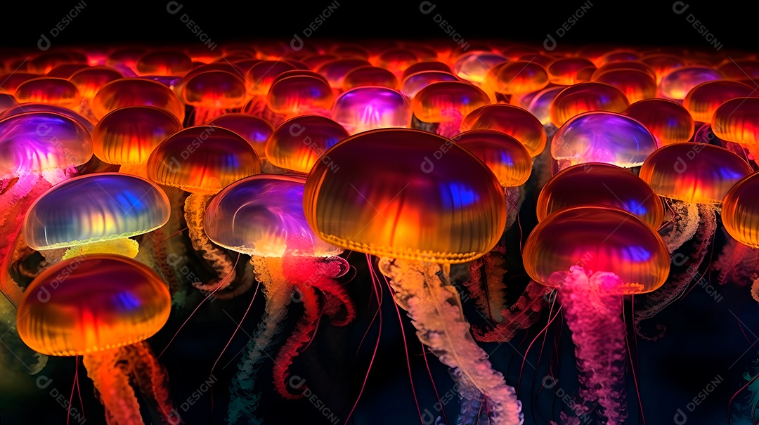 Águas-vivas brilhantes sobre fundo escuro, arte gerada por rede neural.