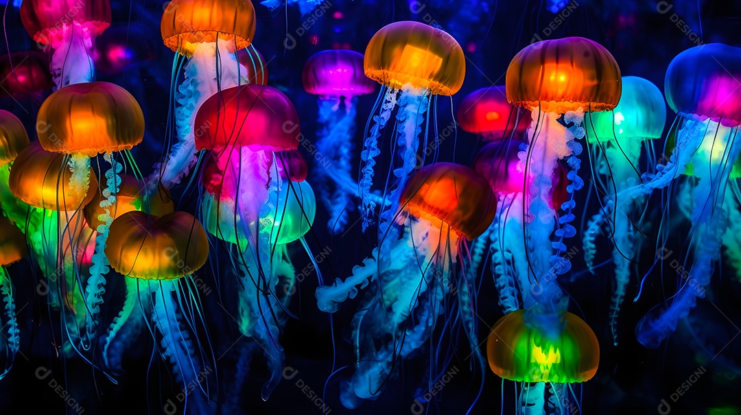 Águas-vivas brilhantes sobre fundo escuro, arte gerada por rede neural.