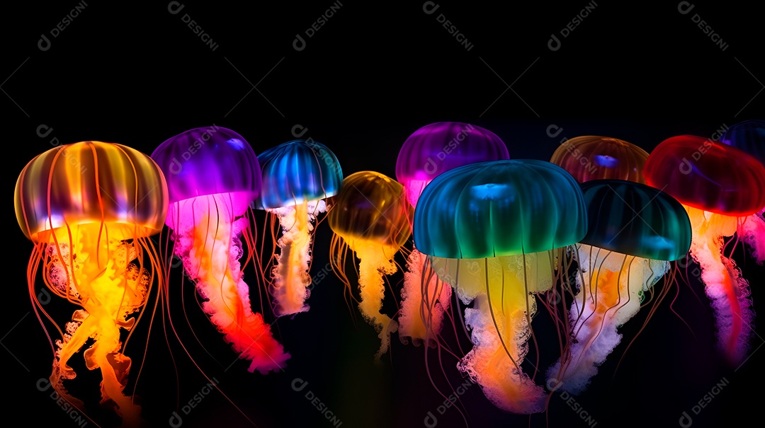 Águas-vivas brilhantes sobre fundo escuro, arte gerada por rede neural.