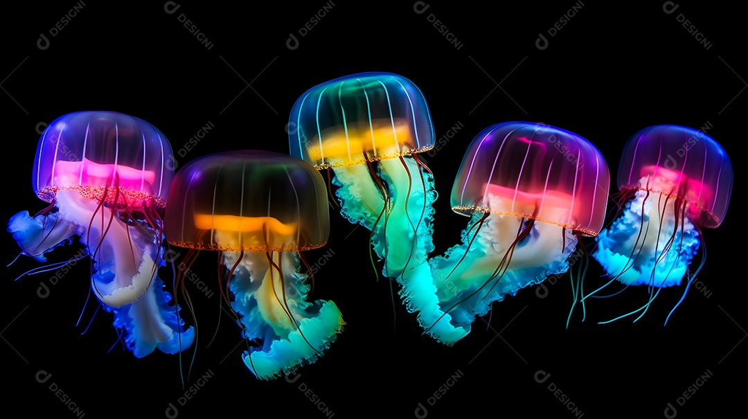 Águas-vivas brilhantes sobre fundo escuro, arte gerada por rede neural.