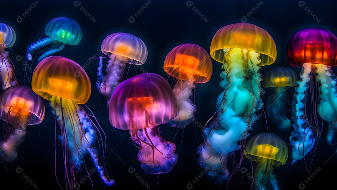 Águas-vivas brilhantes sobre fundo escuro, arte gerada por rede neural.