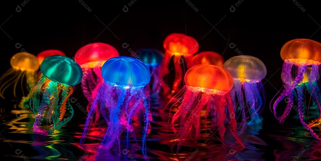 Águas-vivas brilhantes sobre fundo escuro, arte gerada por rede neural.