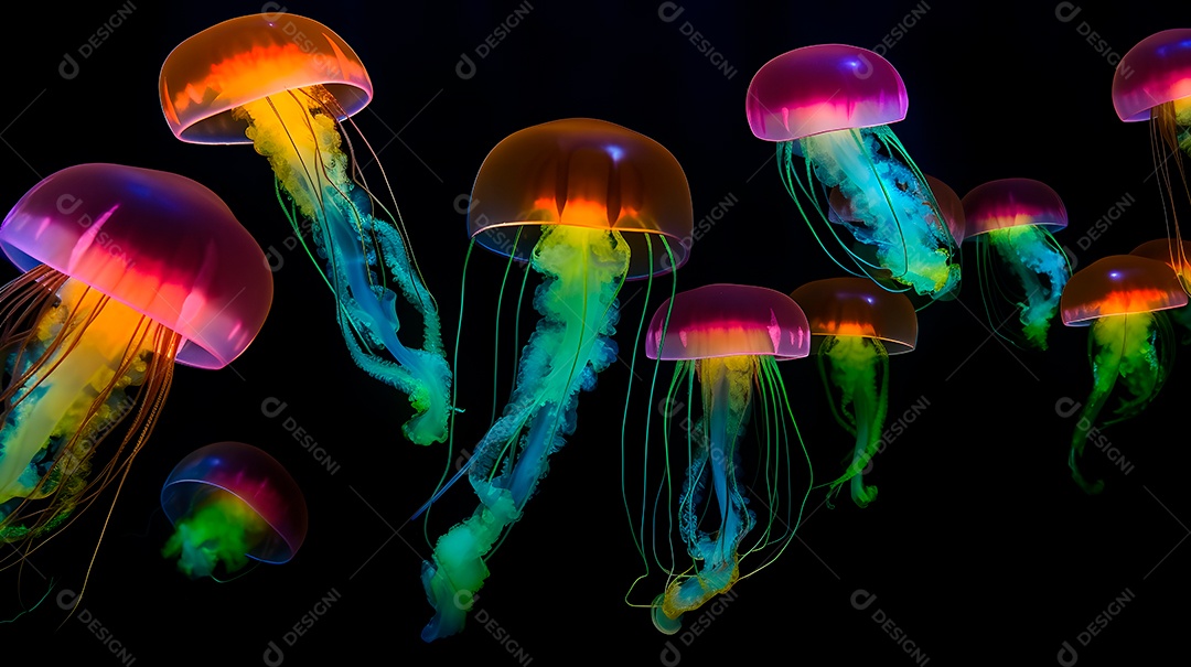 Águas-vivas brilhantes sobre fundo escuro, arte gerada por rede neural.