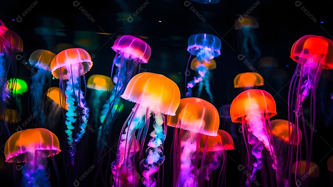 Águas-vivas brilhantes sobre fundo escuro, arte gerada por rede neural.