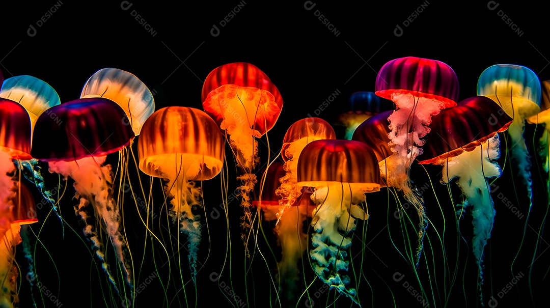 Águas-vivas brilhantes sobre fundo escuro, arte gerada por rede neural.