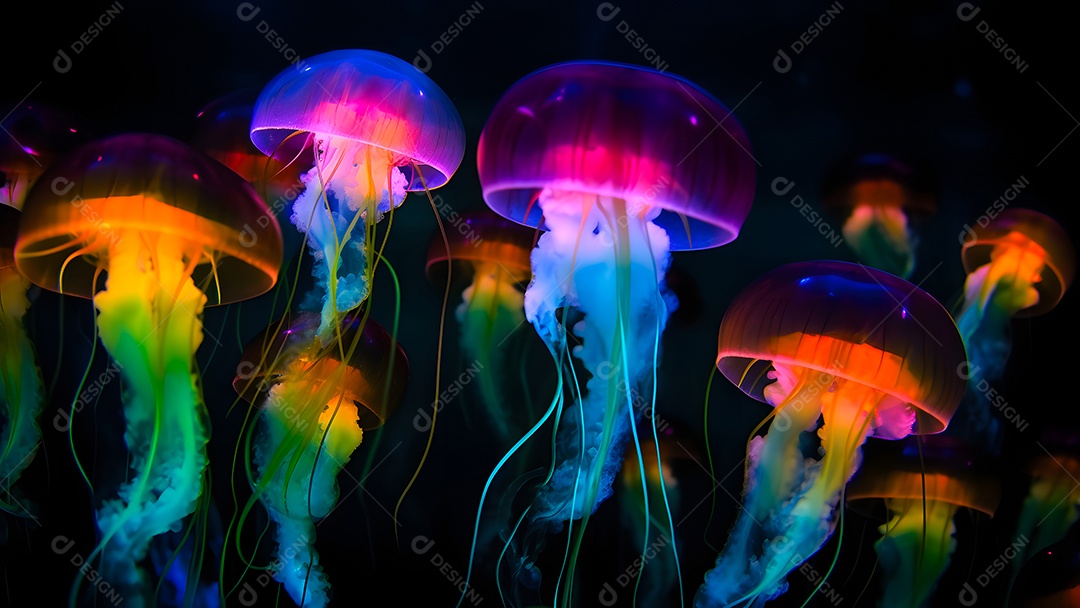 Águas-vivas brilhantes sobre fundo escuro, arte gerada por rede neural.