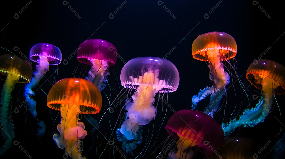 Águas-vivas brilhantes sobre fundo escuro, arte gerada por rede neural.