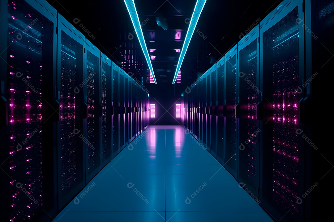 Data center com várias fileiras de servidores totalmente operacionais em tons de ciano-púrpura.