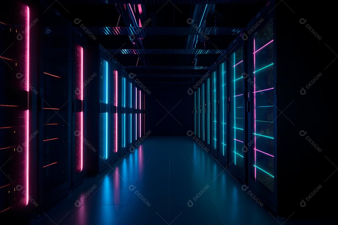 Data center com várias fileiras de servidores totalmente operacionais em tons de ciano-púrpura.
