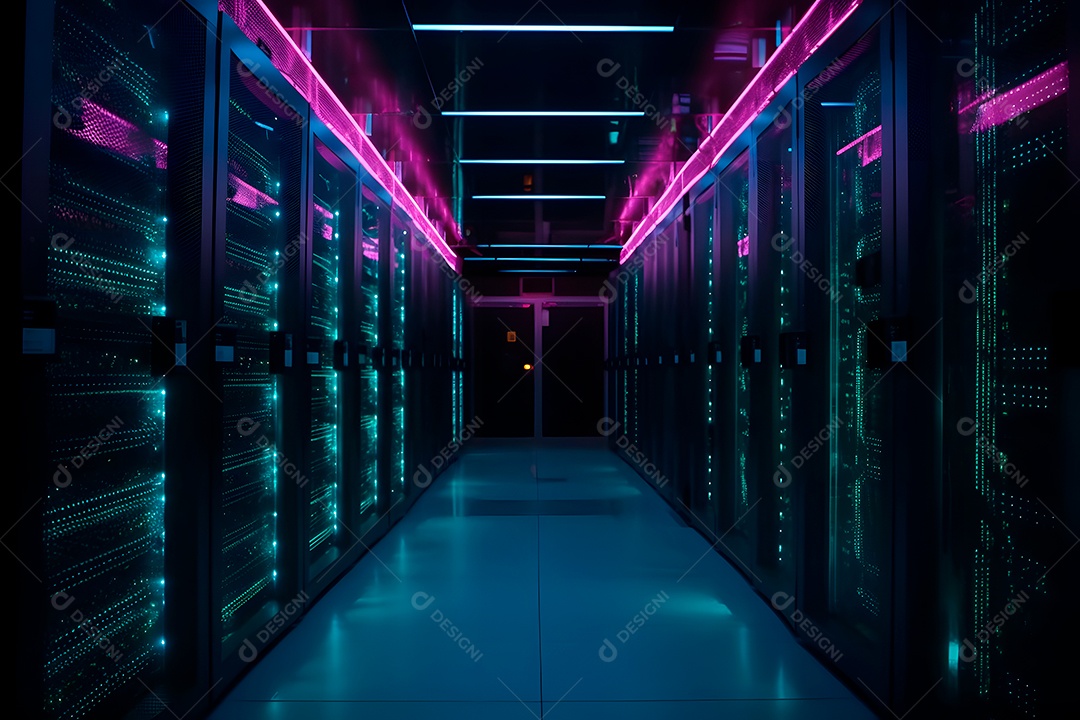 Data center com várias fileiras de servidores totalmente operacionais em tons de ciano-púrpura.