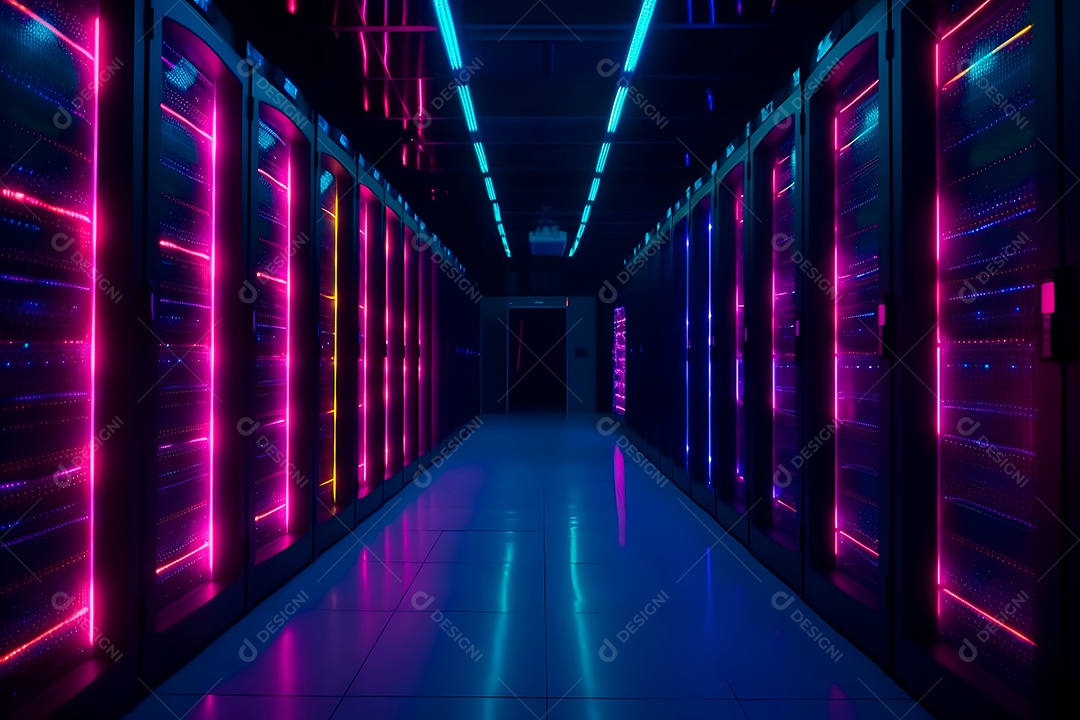 Data center com várias fileiras de servidores totalmente operacionais em tons de ciano-púrpura.