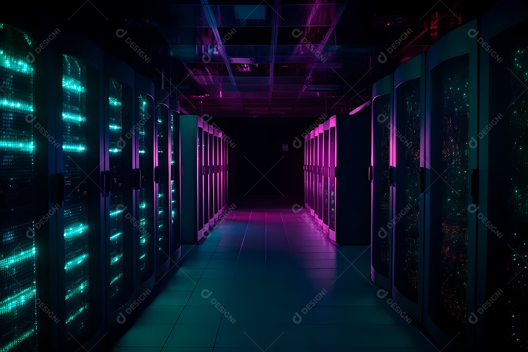 Data center com várias fileiras de servidores totalmente operacionais em tons de ciano-púrpura.