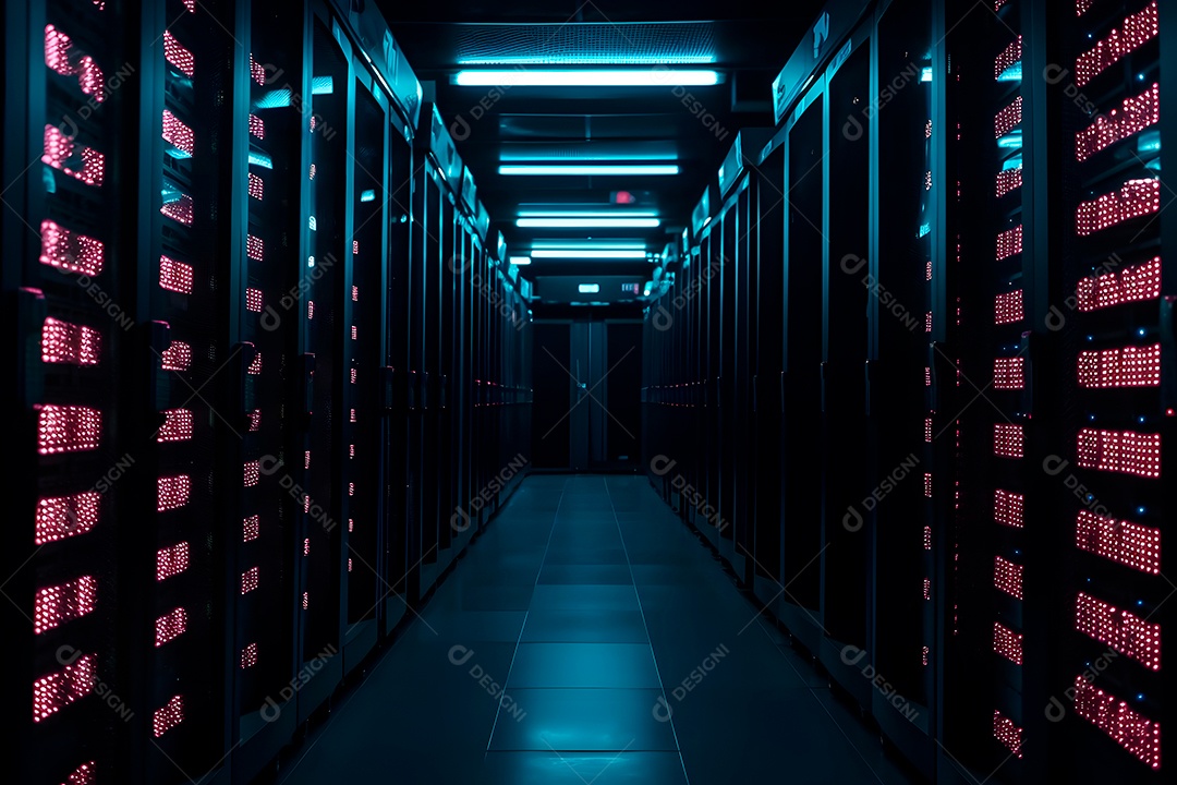 Data center com várias fileiras de servidores totalmente operacionais em tons de ciano-púrpura.