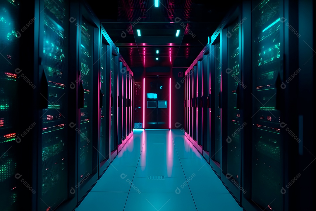 Data center com várias fileiras de servidores totalmente operacionais em tons de ciano-púrpura.
