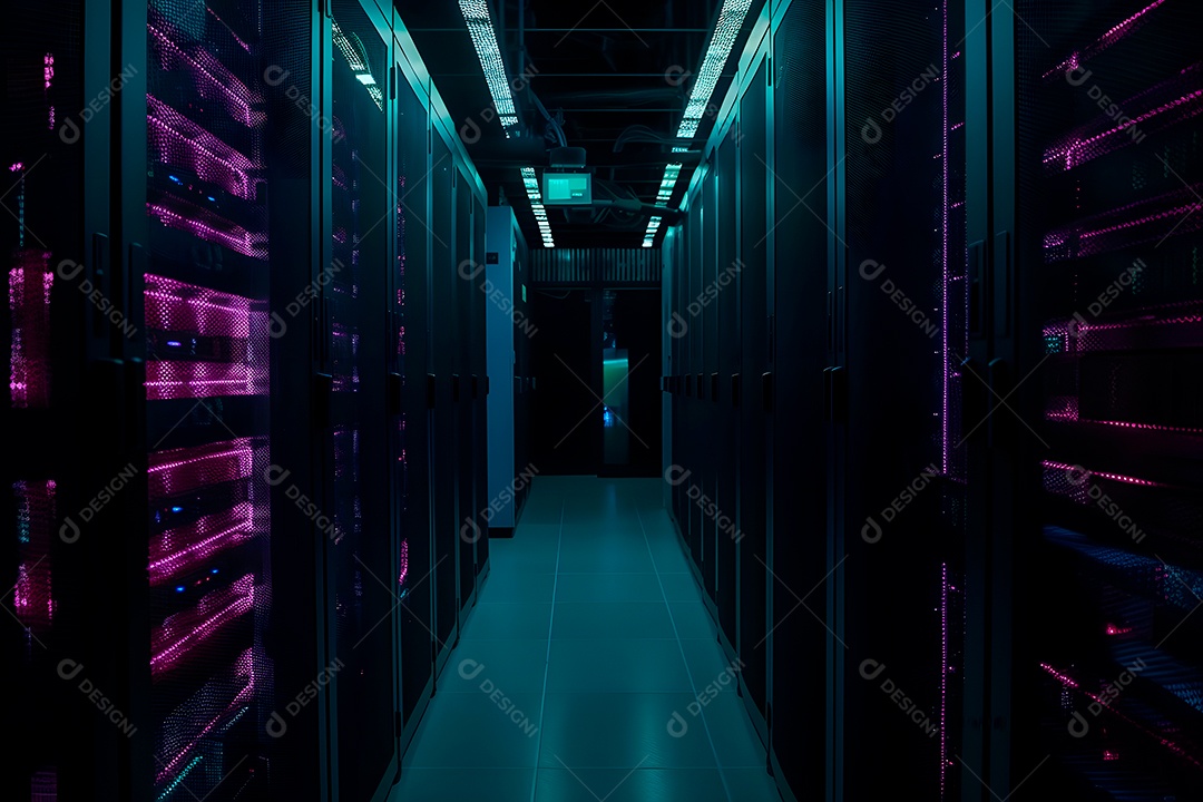 Data center com várias fileiras de servidores totalmente operacionais em tons de ciano-púrpura.