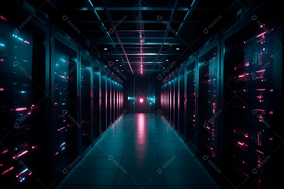 Data center com várias fileiras de servidores totalmente operacionais em tons de ciano-púrpura.