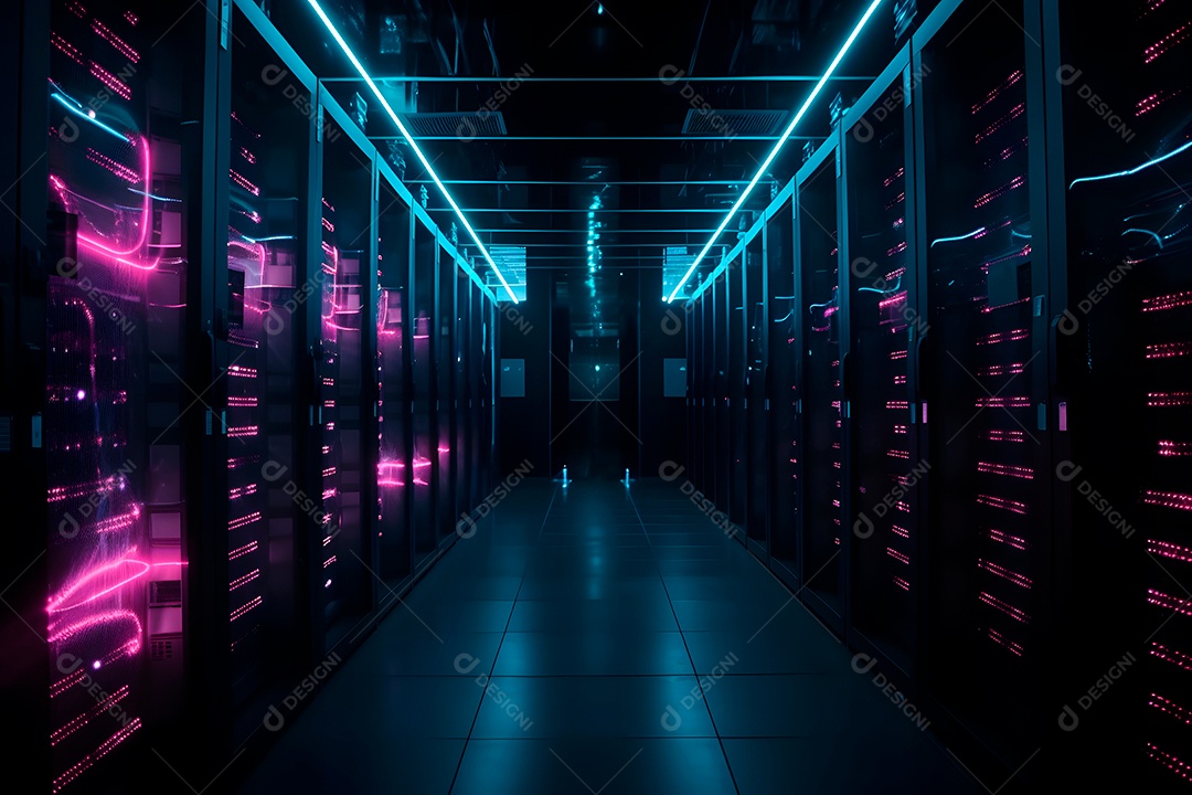 Data center com várias fileiras de servidores totalmente operacionais em tons de ciano-púrpura.