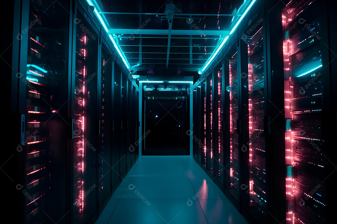 Data center com várias fileiras de servidores totalmente operacionais em tons de ciano-púrpura.