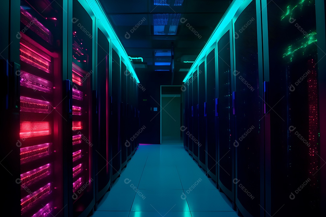Data center com várias fileiras de servidores totalmente operacionais em tons de ciano-púrpura.