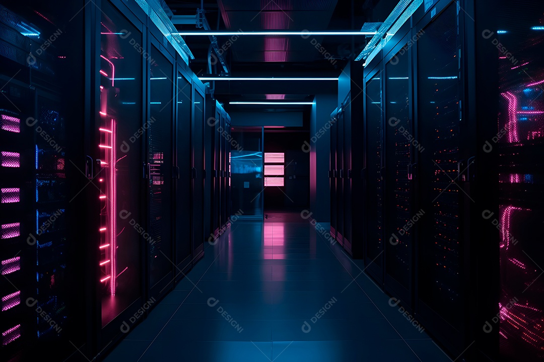 Data center com várias fileiras de servidores totalmente operacionais em tons de ciano-púrpura.