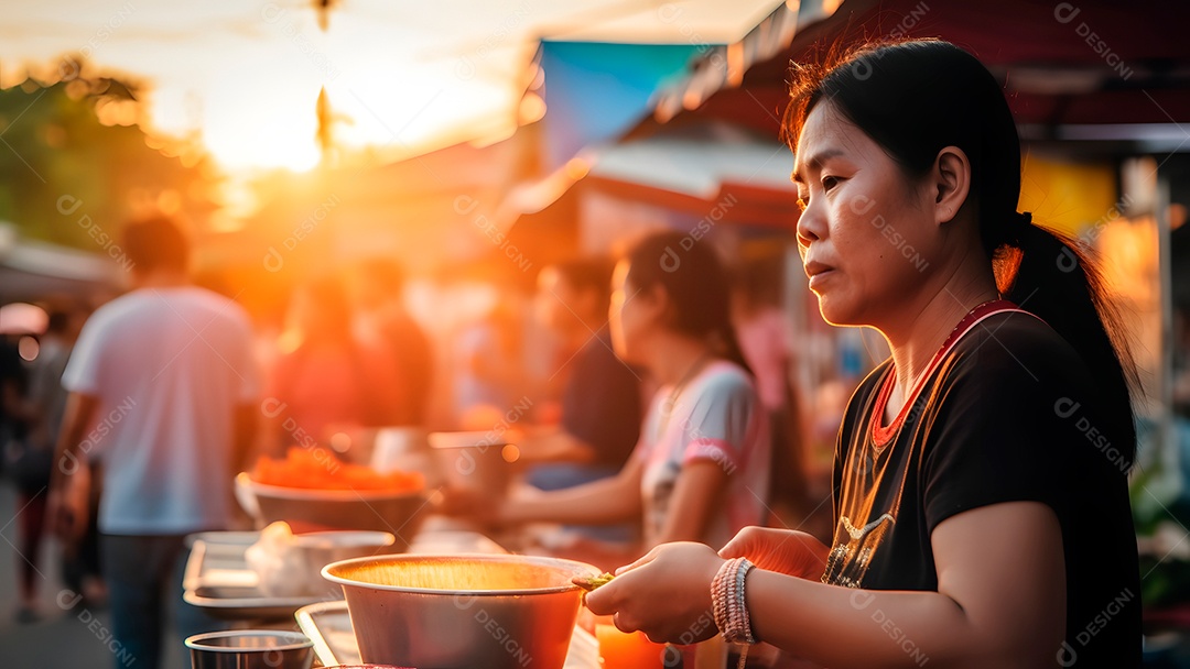 Mulher tailandesa vendendo pho em mercado de rua noturno.