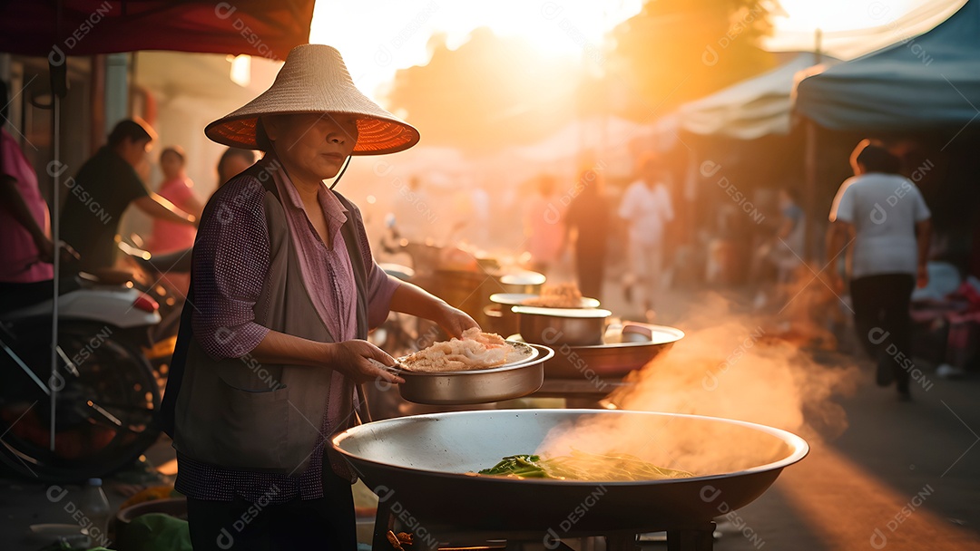 Mulher tailandesa vendendo pho em mercado de rua noturno.
