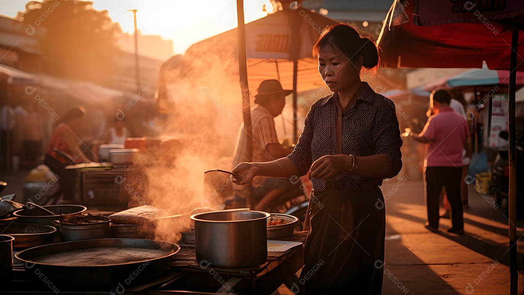 Mulher tailandesa vendendo pho em mercado de rua noturno.